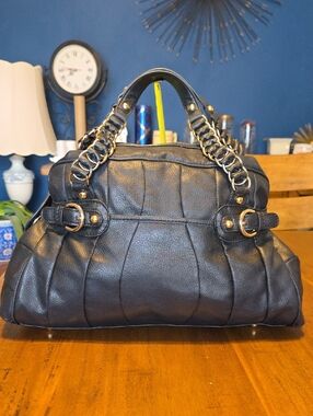 bebe Black Leather Shoulder Bag with Gold Chain Accents